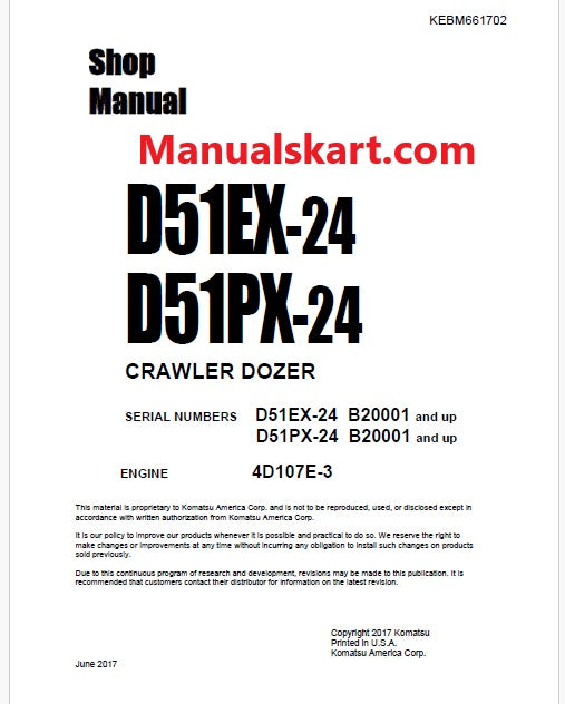 Komatsu D51EX-24, D51PX-24 Bulldozer Pdf Shop Repair Service Manual Sn B20001 and UP