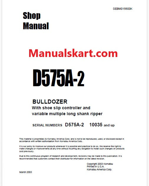 Komatsu D575A-2 Bulldozer Pdf Repair Service Manual Sn 10035 and UP