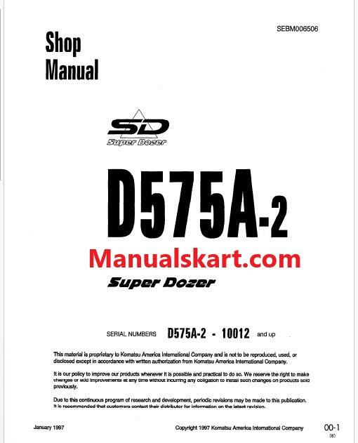 Komatsu D575A-2 Super Dozer/Bulldozer Pdf Repair Service Manual Sn 10012 and UP