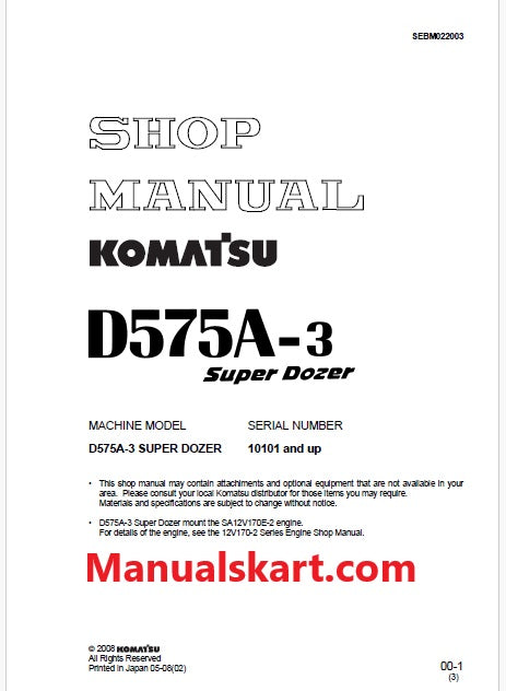 Komatsu D575A-3 Super Dozer/Bulldozer Pdf Repair Service Manual Sn 10101 and UP