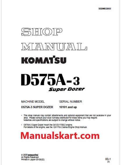 Komatsu D575A-3 Super Dozer/Bulldozer Pdf Repair Service Manual Sn 10101 and UP
