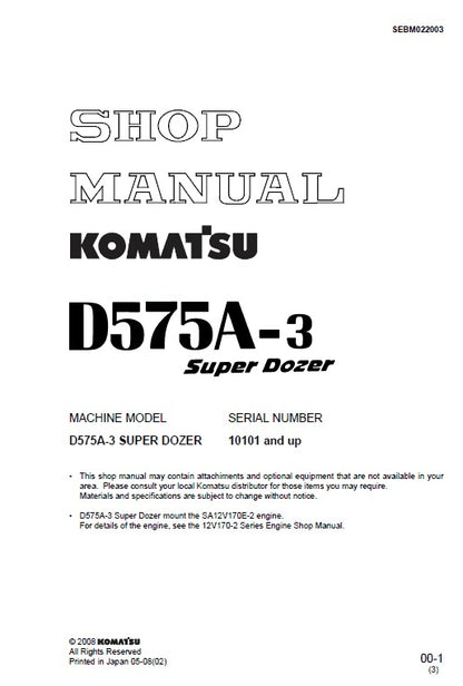 Komatsu D575A-3 Super Dozer Bulldozer Pdf Service Repair Manual (Sn 10101 And Up)