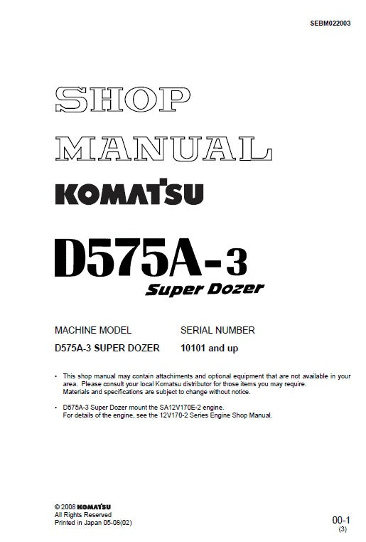 Komatsu D575A-3 Super Dozer Bulldozer Pdf Service Repair Manual (Sn 10101 And Up)