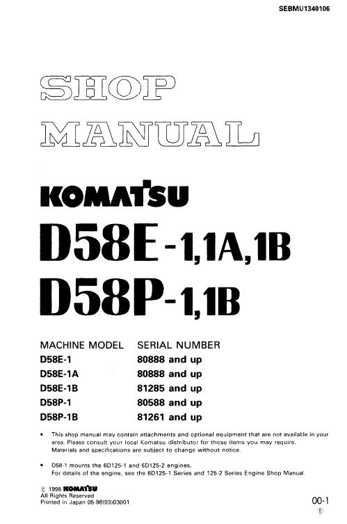 Komatsu D58E-1 D58E-1A D58E-1B D58P-1 D58P-1B Dozer Bulldozer Pdf Service Repair Manual