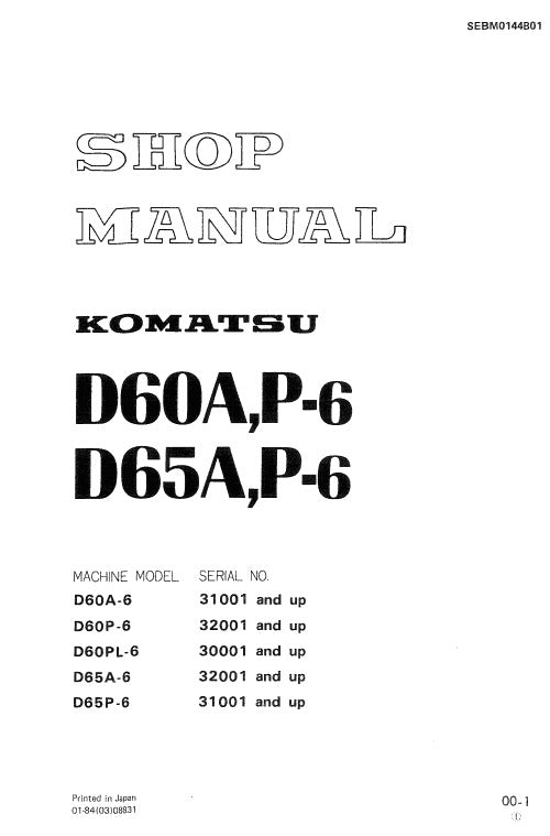 Komatsu D60A-6, D60P-6, D60PL-6, D65A-6, D65P-6 Dozer Bulldozer Pdf Service Repair Manual (Sn 31001 And Up, 32001 And Up, 30001 And Up)