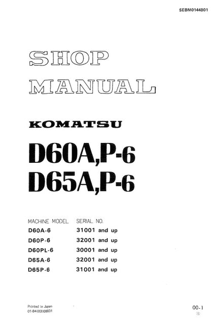 Komatsu D60A-6, D60P-6, D60PL-6, D65A-6, D65P-6 Dozer Bulldozer Pdf Service Repair Manual (Sn 31001 And Up, 32001 And Up, 30001 And Up)