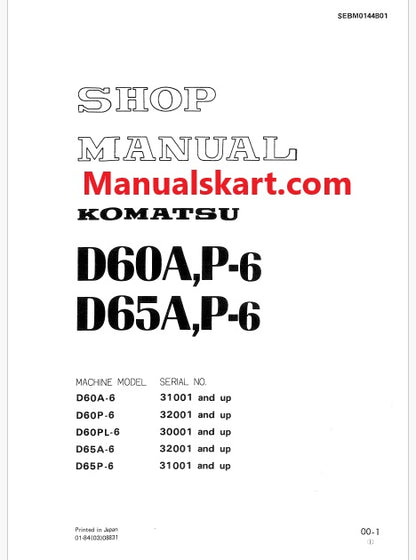 Komatsu D60A-6, D65P-6 Bulldozer Pdf Shop Repair Service Manual Sn 31001 and UP