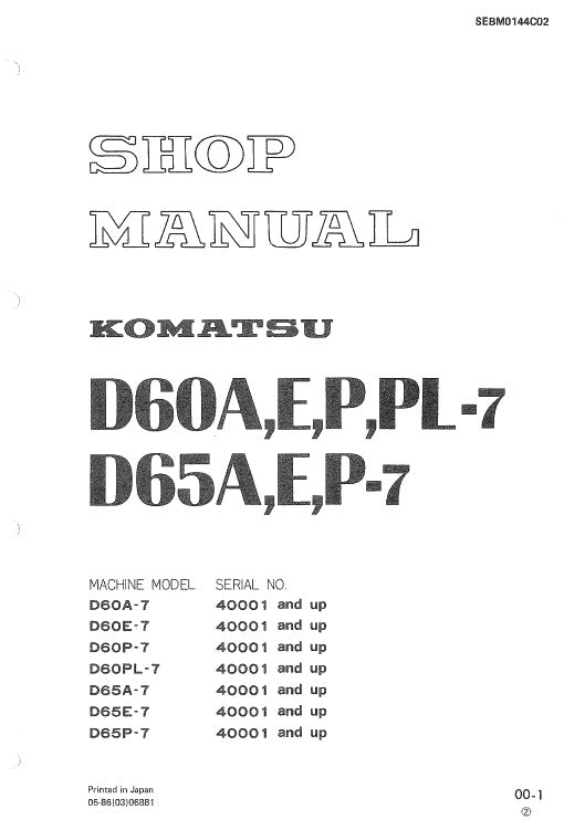 Komatsu D60A-7, D60E-7, D60P-7, D60PL-7, D65A-7, D65E-7, D65P-7 Dozer Bulldozer Pdf Repair Service Manual (Sn 40001 And Up)