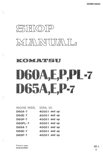 Komatsu D60A-7, D60E-7, D60P-7, D60PL-7, D65A-7, D65E-7, D65P-7 Dozer Bulldozer Pdf Repair Service Manual (Sn 40001 And Up)