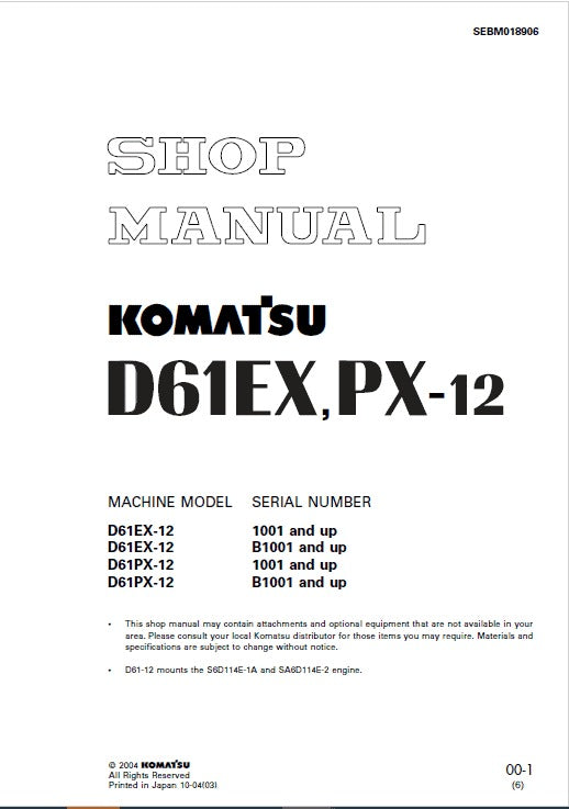 Komatsu D61EX-12, D61PX-12 Bulldozer Pdf Service Repair Manual (Sn 1001 And Up)