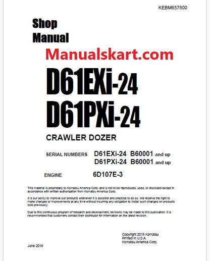 Komatsu D61EXi-24, D61PXi-24 Bulldozer Pdf Shop Repair Service Manual Sn B60001 and UP