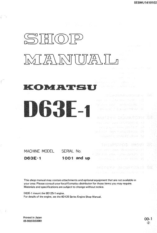 Komatsu D63E-1 Bulldozer Pdf Service Repair Manual (Sn 1001 And Up)