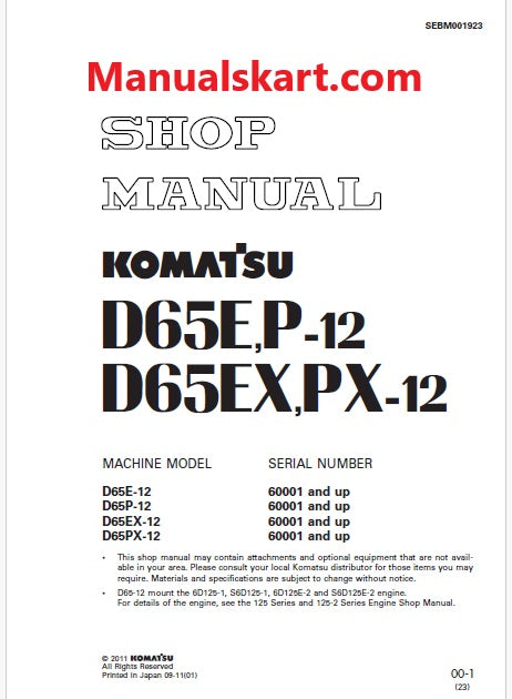 Komatsu D65E-12, D65P-12, D65EX-12, D65PX-12 Bulldozer Pdf Shop Repair Service Manual Sn 60001 and UP