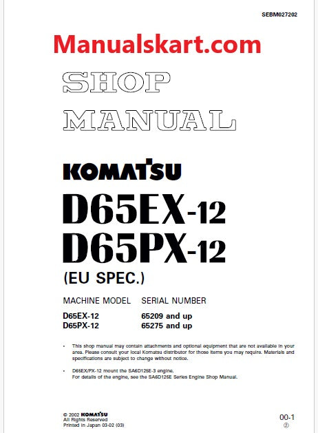 Komatsu D65PX-12 Bulldozer Pdf Shop Repair Service Manual Sn 65275 and UP (JPN)