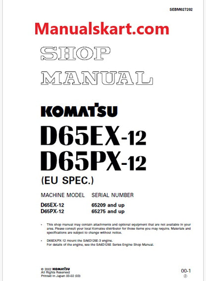 Komatsu D65EX-12 Bulldozer Pdf Shop Repair Service Manual Sn 65209 and UP