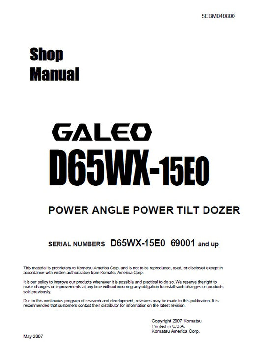 Komatsu D65WX-15E0 Bulldozer Pdf Repair Service Manual (Sn 69001 And Up)