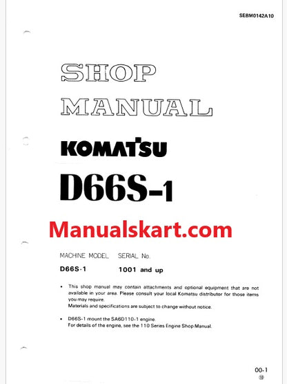 Komatsu D66S-1 Crawler Loader Pdf Repair Service Manual Sn 1001 and UP
