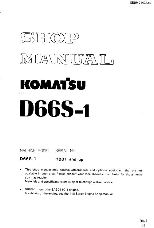 Komatsu D66S-1 Crawler Loader Dozer Pdf Repair Service Manual (Sn 1001 And Up)