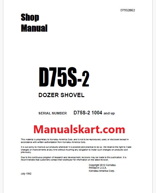 Komatsu D75S-2 Crawler Loader Pdf Repair Service Manual Sn 1004 and UP