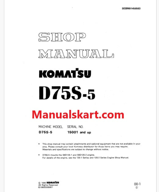 Komatsu D75S-5 Crawler Loader Pdf Repair Service Manual Sn 15001 and UP