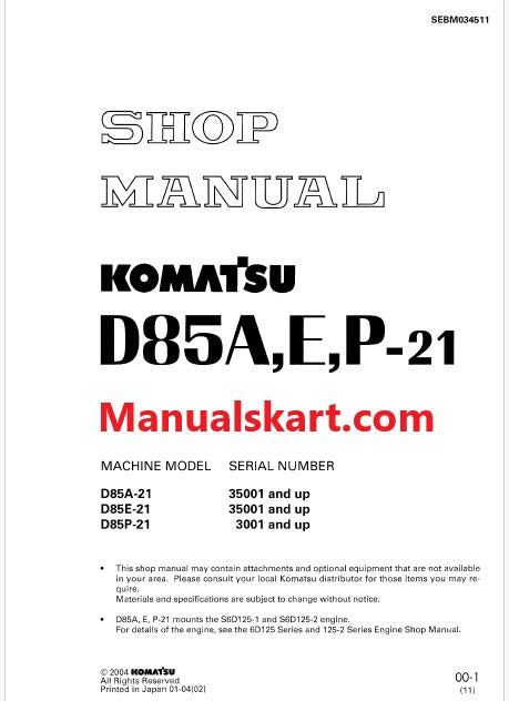 Komatsu D85A-21, D85E-21 Bulldozer Pdf Shop Repair Service Manual Sn 35001 and UP