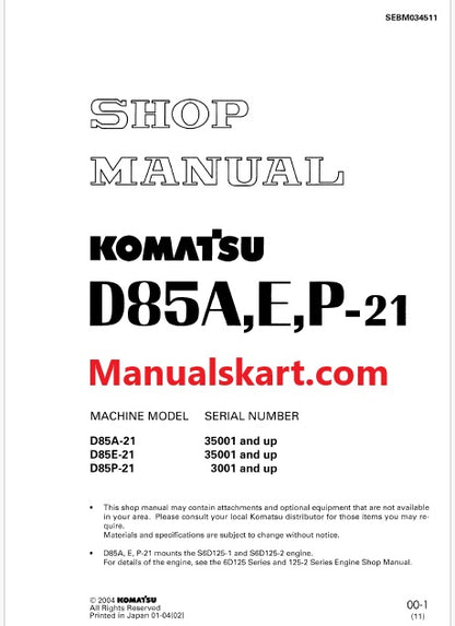 Komatsu D85A-21, D85E-21 Bulldozer Pdf Shop Repair Service Manual Sn 35001 and UP