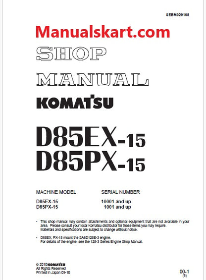 Komatsu D85EX-15 Bulldozer Pdf Shop Repair Service Manual Sn 10001 and UP