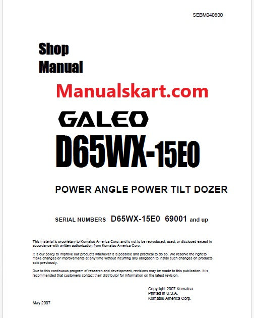 Komatsu Galeo D65WX-15EO Bulldozer Pdf Shop Repair Service Manual Sn 69001 and UP