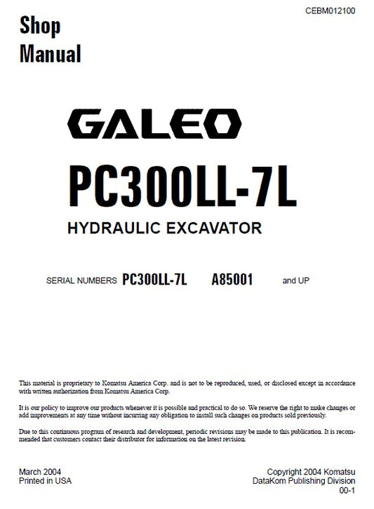 Komatsu Galeo PC300LL-7L Crawler Hydraulic Excavator Pdf Repair Service Manual (Sn A85001 And Up)