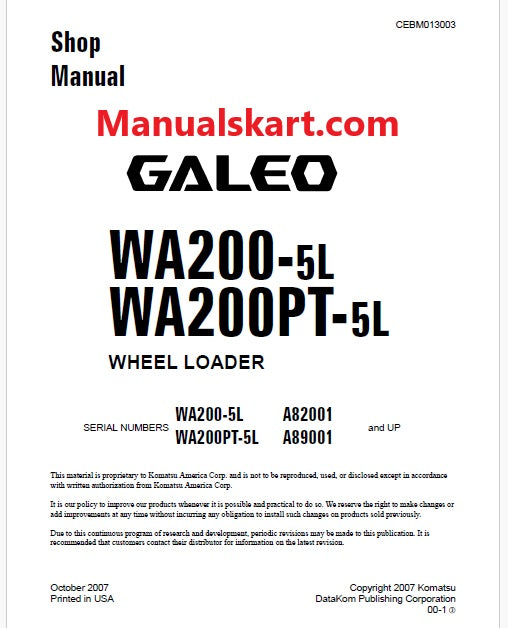 Komatsu Galeo WA200-5L Wheel Loader Pdf Repair Service Manual Sn A82001 and UP