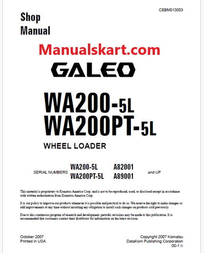 Komatsu Galeo WA200-5L Wheel Loader Pdf Repair Service Manual Sn A82001 and UP