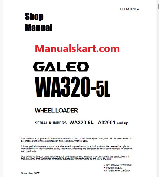 Komatsu Galeo WA320-5L Wheel Loader Pdf Repair Service Manual Sn A32001 and UP