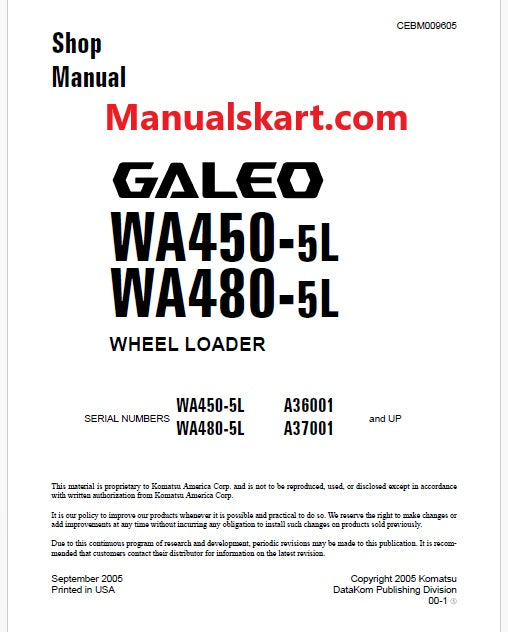 Komatsu Galeo WA480-5L Wheel Loader Pdf Repair Service Manual Sn A37001 and UP