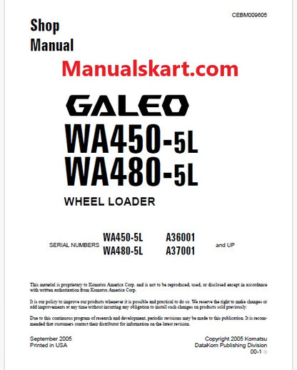 Komatsu Galeo WA450-5L Wheel Loader Pdf Repair Service Manual Sn A36001 and UP