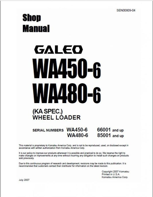 Komatsu Galeo WA450-6, WA480-6 Wheel Loader Pdf Shop Repair Service Manual (ka Spec.)