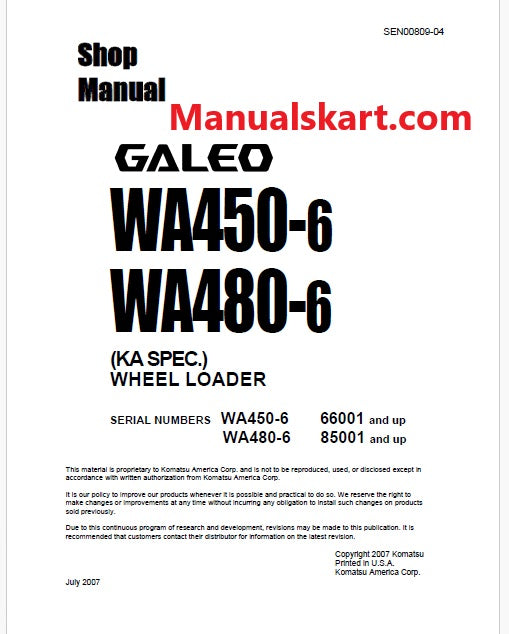 Komatsu Galeo WA450-6 Wheel Loader Pdf Repair Service Manual Sn 66001 and UP (KA SPEC.)