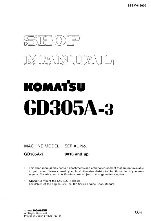 Komatsu GD305A-3 Motor Grader Pdf Shop Repair Service Manual (Sn 8018 And UP)