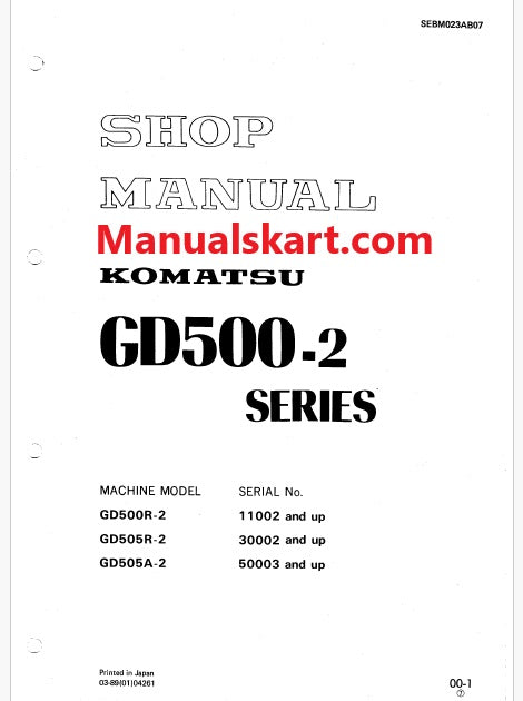 Komatsu GD500R-2 Motor Grader Pdf Repair Service Manual Sn 11002 and UP