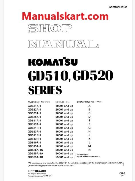 Komatsu GD521A-1, GD511A-1, GD521R-1, GD511R-1 Motor Grader Pdf Repair Service Manual Sn 10001 and UP