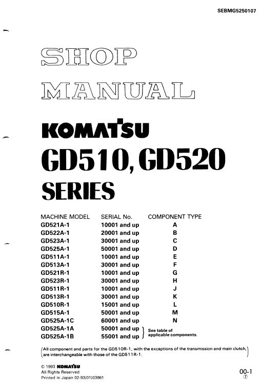 Komatsu GD521A-1 Series Motor Grader Pdf Shop Repair Service Manual (Sn 10001 And Up)