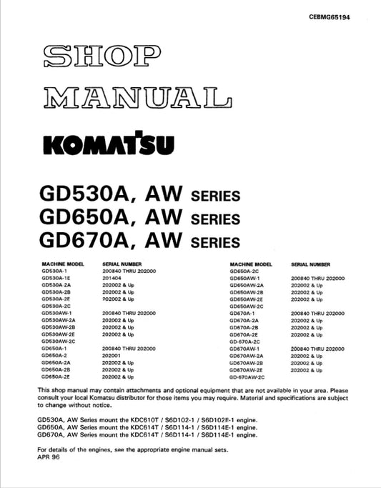 Komatsu GD530A, AW SERIES Motor Grader Pdf Repair Service Manual
