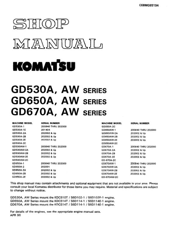 Komatsu GD530A, GD650A, GD670A Motor Grader Pdf Shop Repair Service Manual