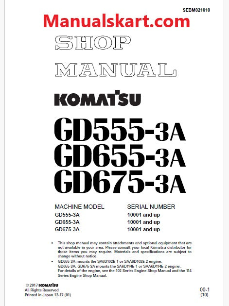 Komatsu GD555-3A, GD655-3A, GD675-3A Motor Grader Pdf Repair Service Manual Sn 10001 and UP