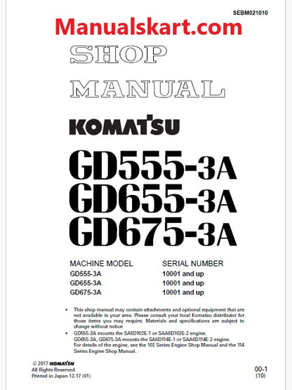 Komatsu GD555-3A, GD655-3A, GD675-3A Motor Grader Pdf Repair Service Manual Sn 10001 and UP