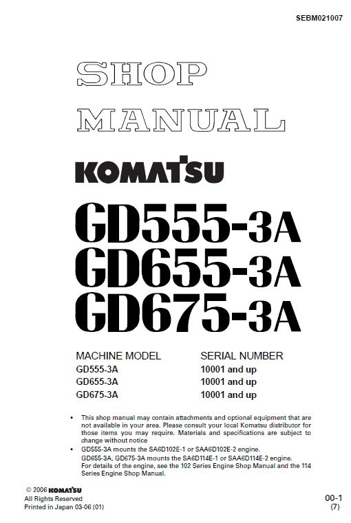 Komatsu GD555-3A, GD655-3A, GD675-3A Motor Grader Pdf Shop Repair Service Manual