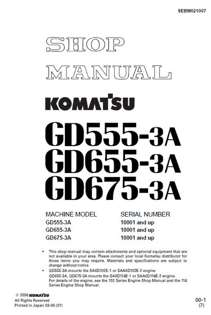 Komatsu GD555-3A, GD655-3A, GD675-3A Motor Grader Pdf Shop Repair Service Manual