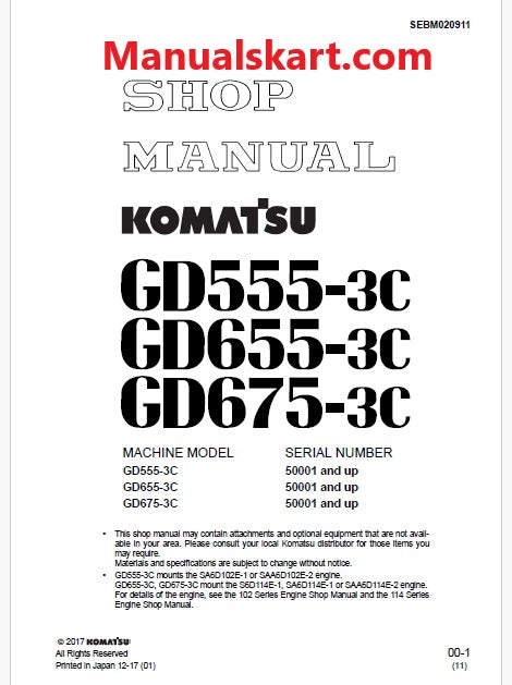 Komatsu GD555-3C, GD655-3C, GD675-3C Motor Grader Pdf Repair Service Manual Sn 50001 and UP