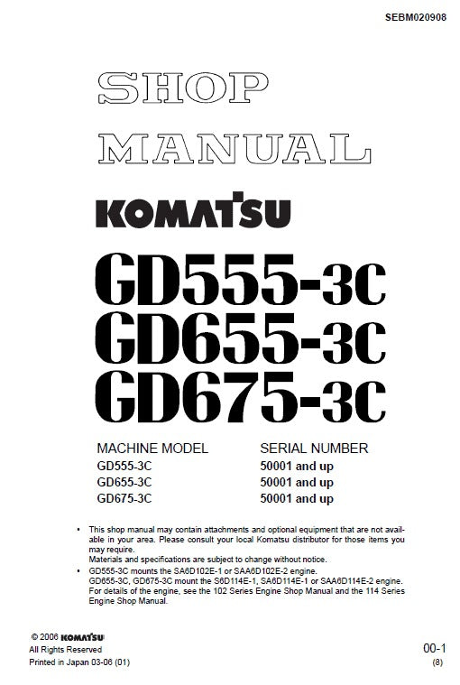 Komatsu GD555-3C, GD655-3C, GD675-3C Motor Grader Pdf Shop Repair Service Manual