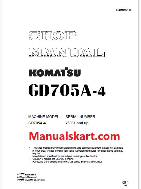 Komatsu GD705A-4 Motor Grader Pdf Repair Service Manual Sn 23001 and UP