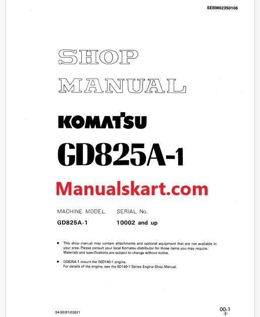 Komatsu GD825A-1 Motor Grader Pdf Repair Service Manual Sn 10002 and UP